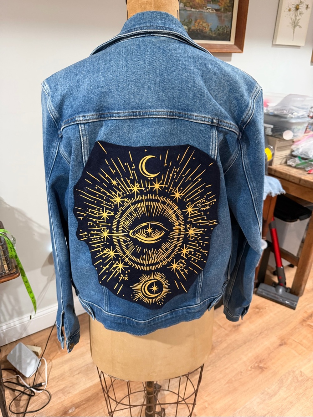 Just USA Blue Denim Jacket with Gold Celestial Back Patch